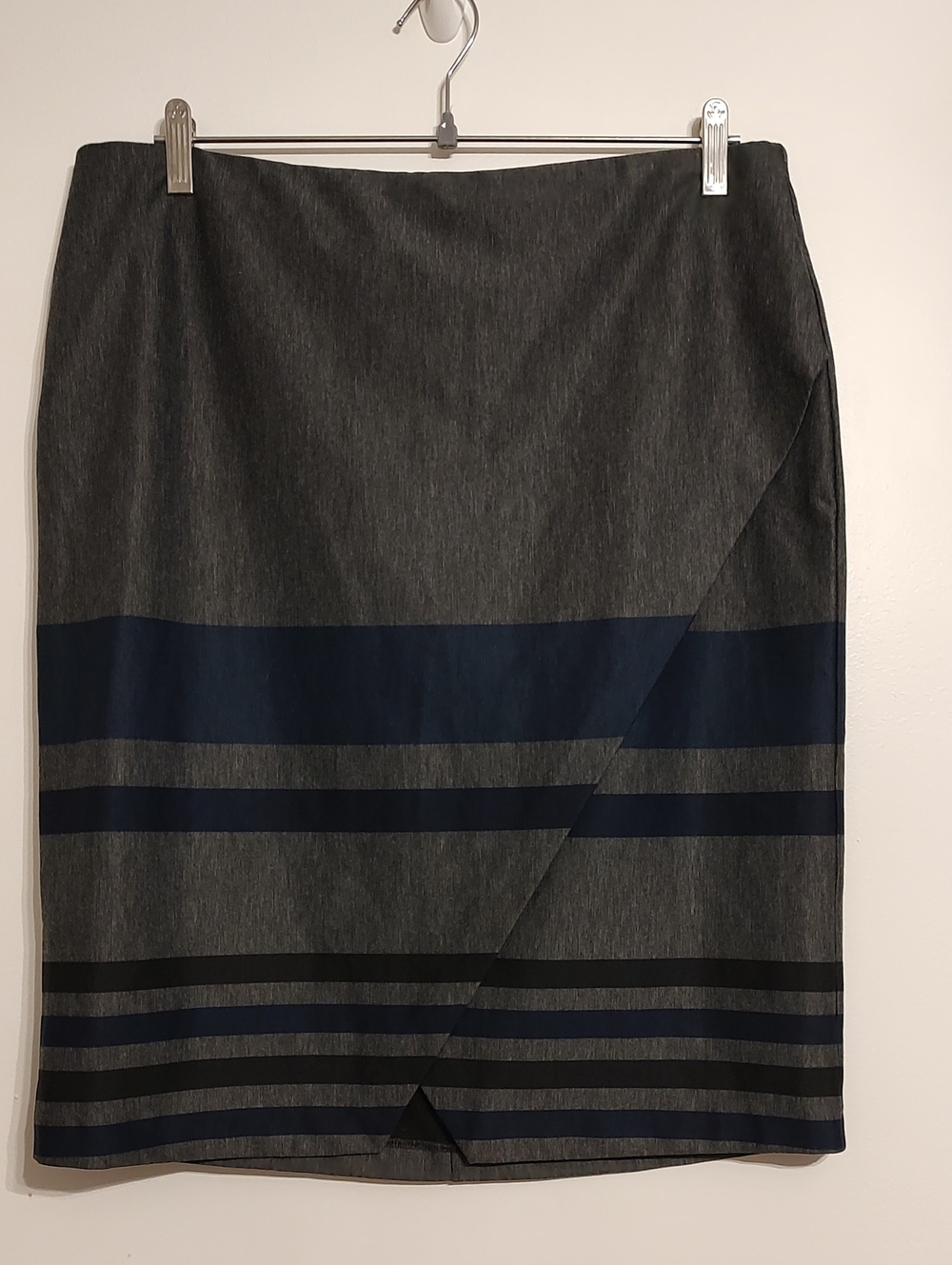 Soho Apparel Charcoal Gray Wrap Skirt with Blue Horizontal Stripe Bands